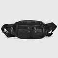 Black leather waist bag with multiple zippers on a light gray background, Obroi