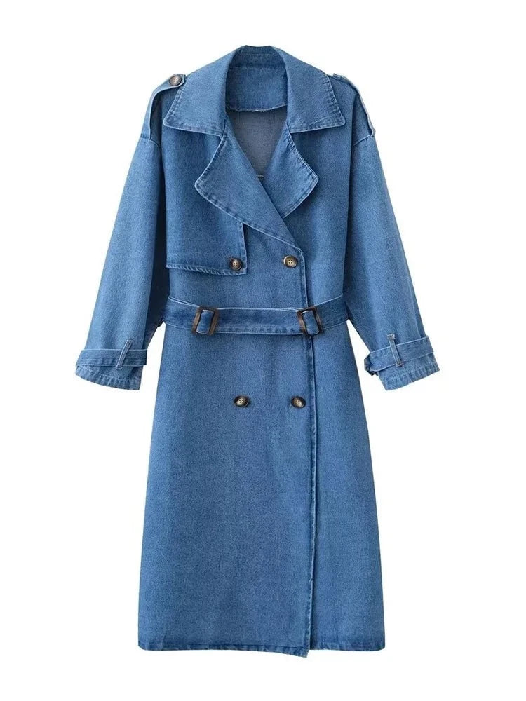 Autumn Winter Denim Belt Tie Up Waist Design Trench Coat Women's Elegant Casual Windbreaker Jacket