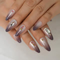 Almond Bling Press On Nails Medium Length Ombre False Nail Tips Gold Ring Glossy Fake Nails Designer