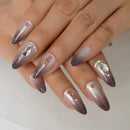Almond Bling Press On Nails Medium Length Ombre False Nail Tips Gold Ring Glossy Fake Nails Designer