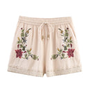 Summer Women Elastic Waist With Drawstrings Floral Embroidery Casual Shorts