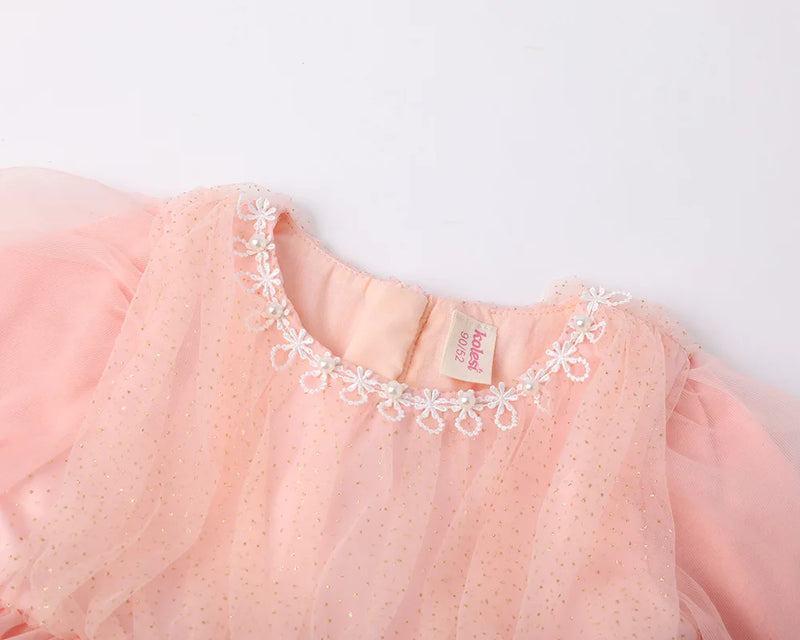 Children Layered Dress for Spring Girls Wedding Dress Lace Lantern Sleeve Princess Party Kids Clothes 1-