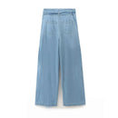 Autumn Women With Belt Light Blue Denim Wide Leg Pants Casual Trousers Female