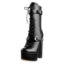 Women Black Matte Platform Zipper Ankle Boots Round Heels Heeled Metal Plates Buckle  Boots
