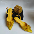 Yellow high-heeled shoes with decorative bows and a matching headpiece on a white background, Obroi