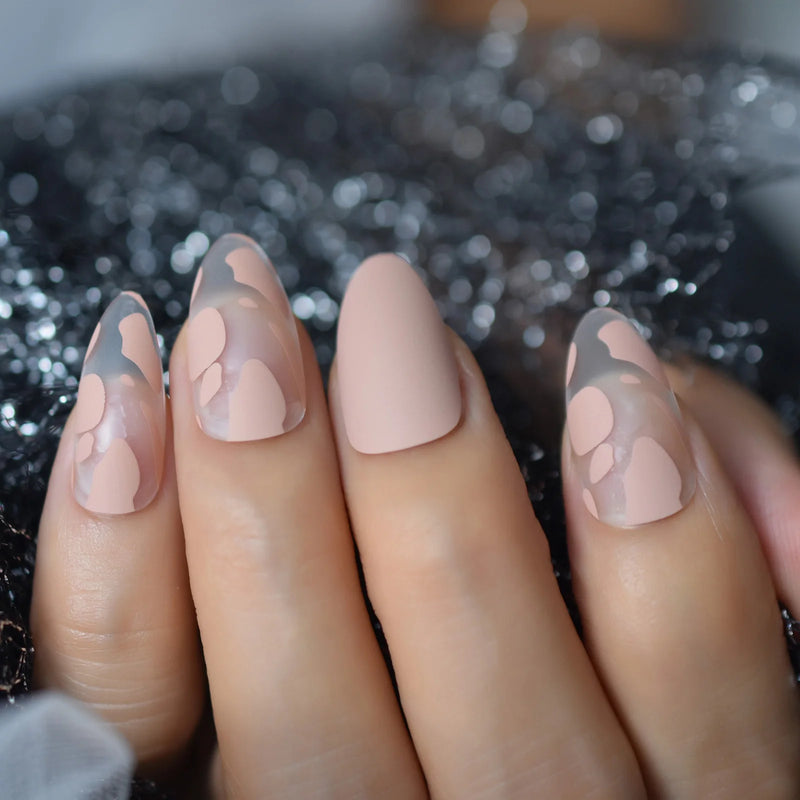 Almond Shape Fake Nails Medium Length Clear Tips False Nails Press On Manicure Ballerina Shade Matte New York Pink Nails Art