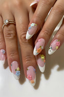 Mid-length Almond French Full Cover Nails Tips Flower Rhinestone with Design Nails Detachable Press on Nails