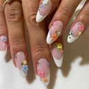 Mid-length Almond French Full Cover Nails Tips Flower Rhinestone with Design Nails Detachable Press on Nails