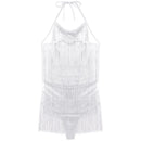 Womens Latin Samba Dance Costume Lace-up Halter Tassel Bodysuit Backless Fringed Jumpsuit Party Dancewear