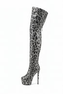 Black and white leopard print knee-high boot on a white background, Obroi