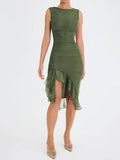Elegant Ruffle Midi Dress For Women Robe Summer Backless Irregular Club Party Dress