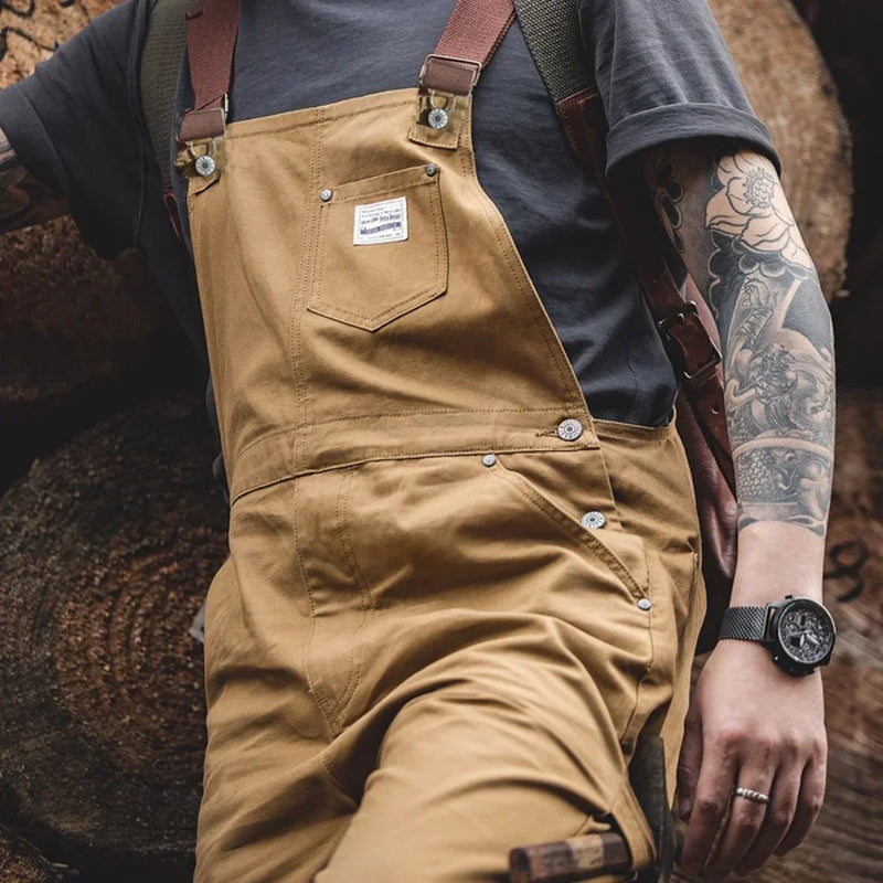 Mens workwear pants Japanese retro work clotheskhaki color suspendersspring canvasmen's fashion large lengthpants pure cotton100