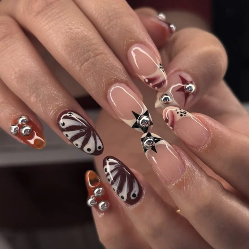 Bead Beige Red Black Stars Halo Dyeing Press on Nails