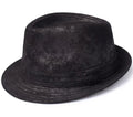 Black suede fedora hat on a white background, Obroi