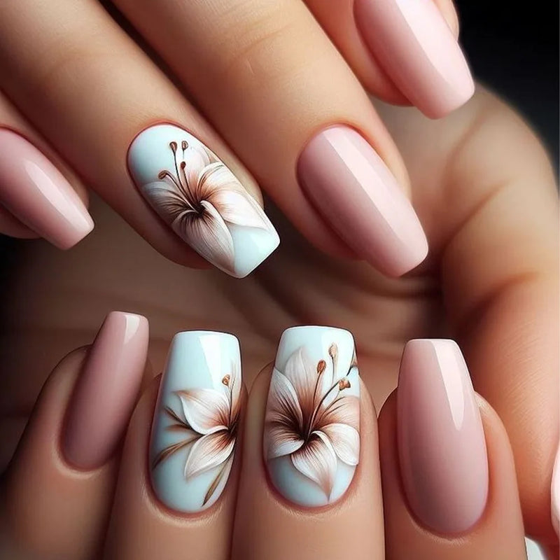 24pcs Spring Flowers False Nails Wearable Detachabe Square Press on Nails for Girls
