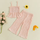 Toddler Baby Girl Summer Outfit Ruffled Trim Smocked Tops and Ripple Texture Pants 2 Pcs Set 0-4T