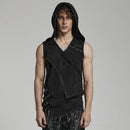 Person wearing a black sleeveless hooded garment against a gray background
