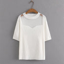 Women T-Shirt Summer Short Sleeve Mesh Splicing Knitting Tops Loose Tees Oversized Curve Clothes