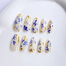 24pcs Almond Shaped Nails Gold Foil Blue Flower Press On Nails Full Cover False Nail For Girl