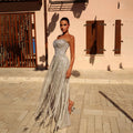 Sliver Sequin Evening Dresses Strapless Dresses with Tassel Mermaid Gown