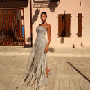 Sliver Sequin Evening Dresses Strapless Dresses with Tassel Mermaid Gown
