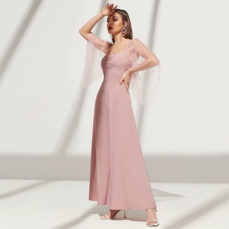 Dress Pink Tulle Flare Sleeve Waist Women Mesh V-Neck Evening Dress New Women Sweet Evening Dress Bridesmaid Dress