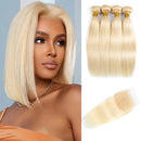3/4 Bundles with Closure Human Hair Weave 4*4 Transparent Lace Frontal Free Part Platinum Blonde Straight Bobbi
