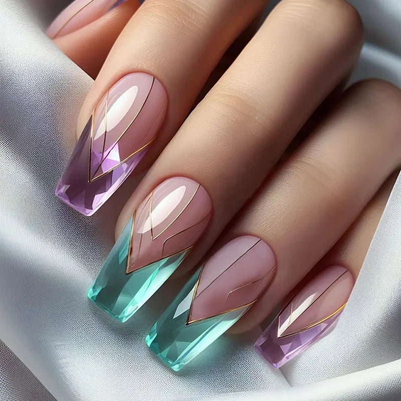 24pcs Purple Crystal Decor False Nails Irregular Crystal Almond Press on Nails Wearable Detachable Ins