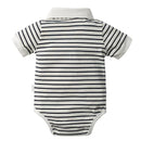Black and white striped baby bodysuit with collar on a white background, Obroi