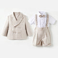 Baby Boys Plaid Double Breasted Suit Set Infant Formal Blazer Shorts with Bow Tie Outfit for Wedding Baptism Birthday