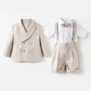 Baby Boys Plaid Double Breasted Suit Set Infant Formal Blazer Shorts with Bow Tie Outfit for Wedding Baptism Birthday