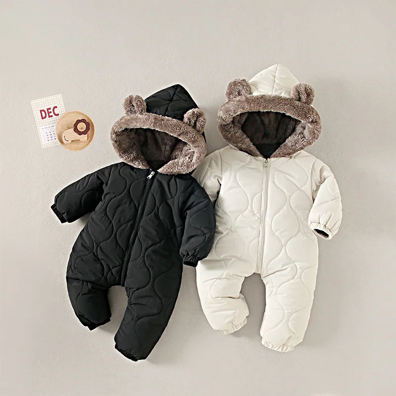 0-2 Y Baby Clothes Fur Lining Boys Rompers Fur Hoodie Girls Jumpsuit Thicken Fleece Toddler Outfit