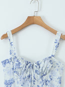 Women Summer Sweet Floral Sleeveless Midi Dress Cute Square Collar Sexy Backless Chic Split Tank Dresses