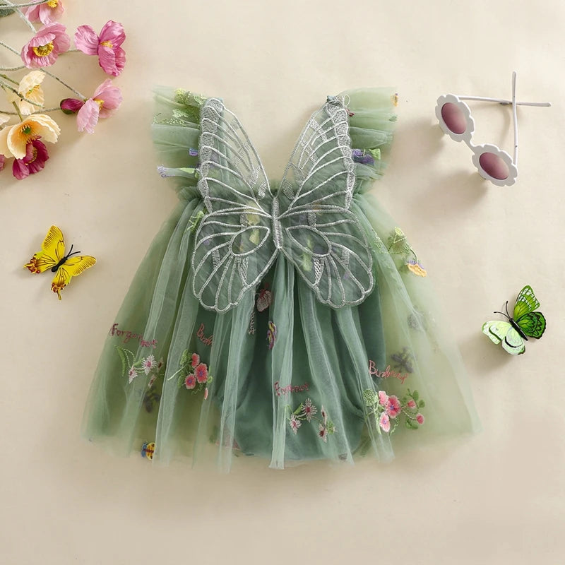 Baby Girls Romper Dress Mesh Flower Butterfly Embroidery Sleeveless Square Neck Adorable Jumpsuit