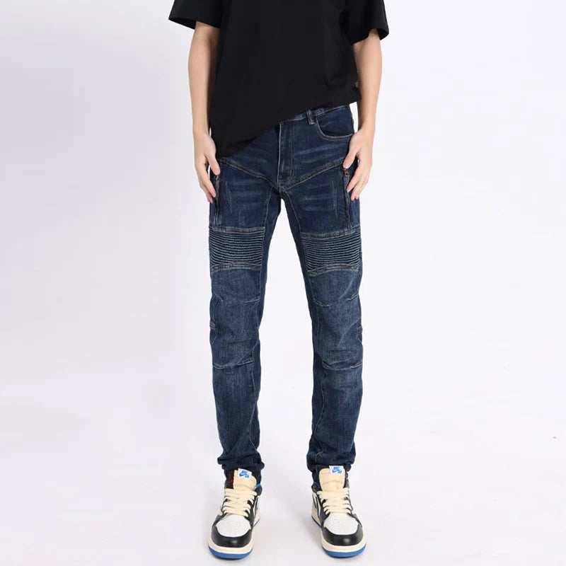 Men Jeans Spliced Designer Elastic Slim Fit Biker Jeans Men Retro Blue Zipper Patched Hip Hop Denim Pants