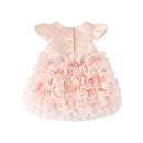 Pink baby dress with ruffled skirt on a white background, Obroi
