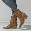 Embroidery Pointed Toe Ankle Boots Women Punk Square Heels Short Western Booties Shoes