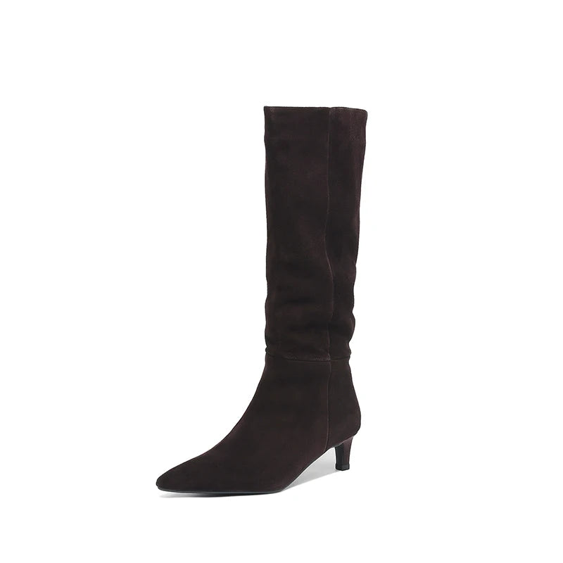 Natural Suede Women Shoes Autumn Winter Slip-On Boots Heels Pointed Toe Knee High Boots