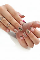 Leopard & Glitter Press On Nails Short Square Nails Pink Base with Gold Sparkle Removable False Nail Tips