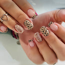 Leopard & Glitter Press On Nails Short Square Nails Pink Base with Gold Sparkle Removable False Nail Tips