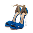 Woman Cross Strap Peep Toe Covered Metal Heels Sandals Woman Suede Patchwork Mixed Party Shoes