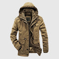 Brown winter jacket with a hood on a light gray background, Obroi