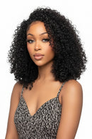 Woman with styled hair and close-up of hair extensions on a white background, Obroi