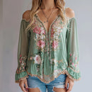 Women Off the Shoulder Blouse Flare Sleeve Floral Chiffon Mesh Lace Hem Shirts