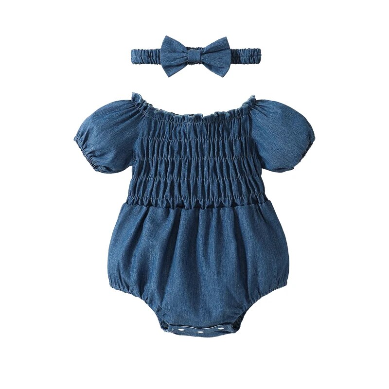 Baby Girl Casual Bodysuit Short Sleeve Off Shoulder Pleated Short Denim Jumpsuit Head Band