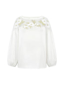 Women's Sheer Floral Embroidered Shirt Top Spring Puff Sleeves Loose Fit Blouse Female Elegant T-shirt
