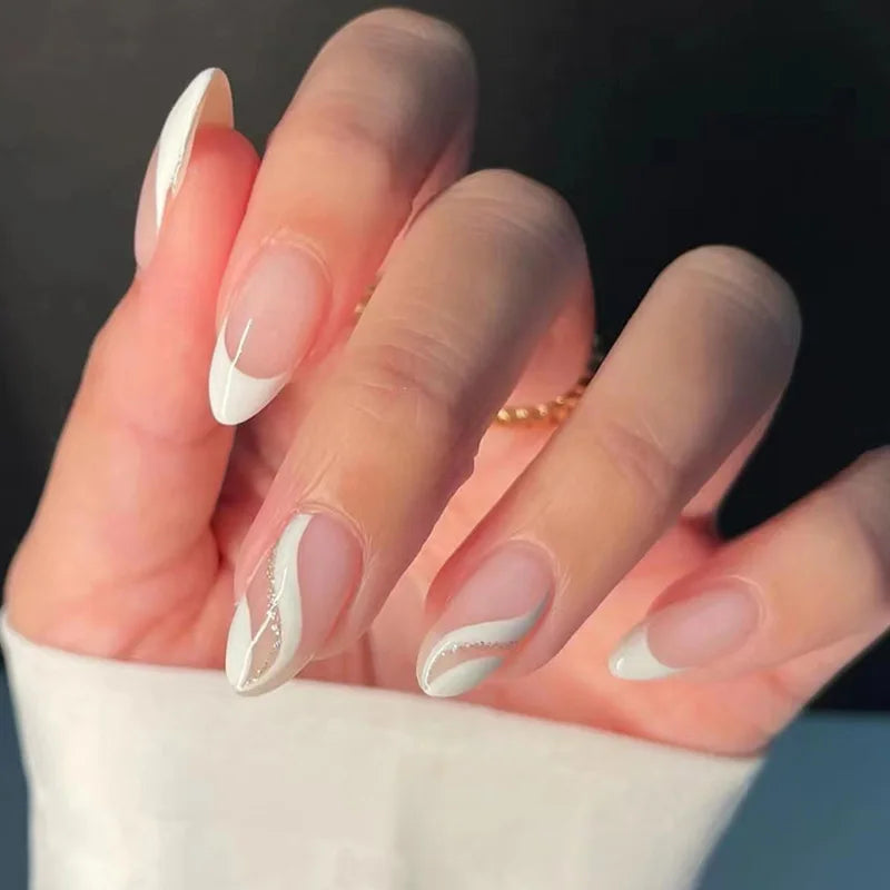 24pcs Mid-Length Almond Gold Stripe Medium Press on Nails False Stick-on Nails Set