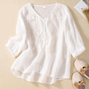 Women Embroidery Loose Literary Retro Top Crew Neck Shirt Ladies Casual Soft Top