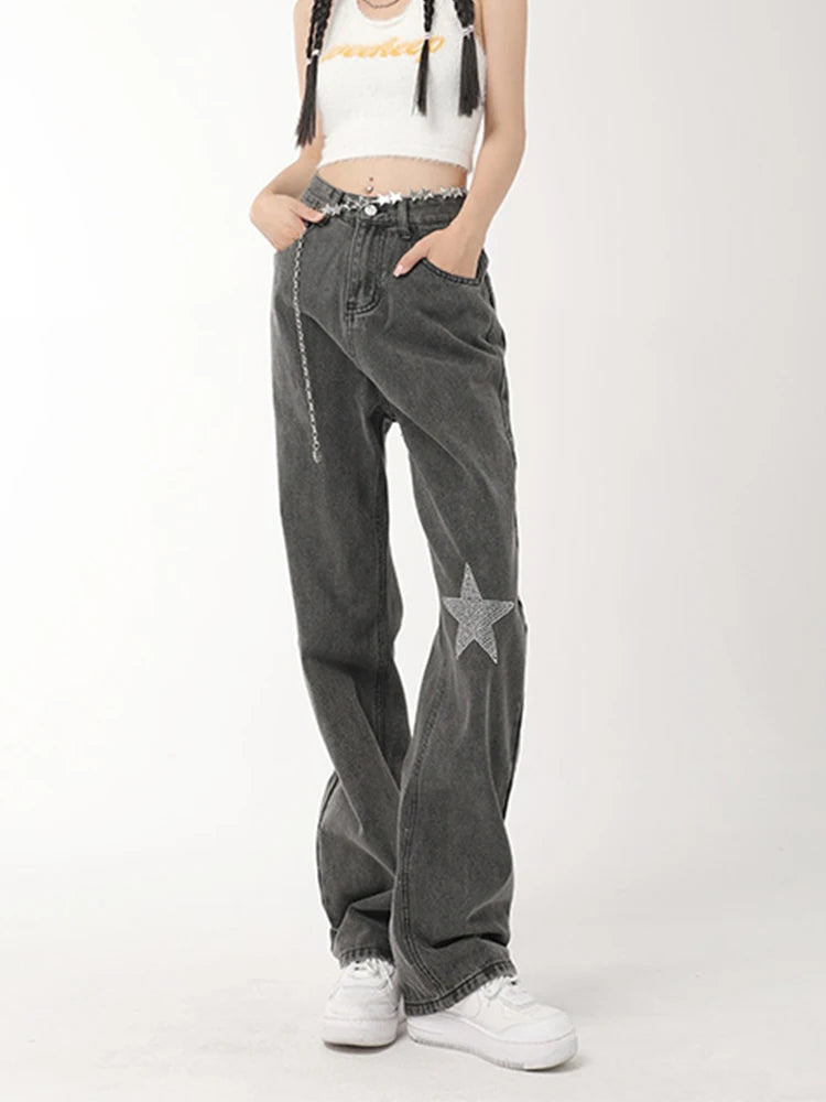 Jeans for Women Denim Pants Sequins Wide Leg Trousers Female Streetwear