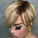 Blonde wig on a mannequin head with a gray background, Obroi